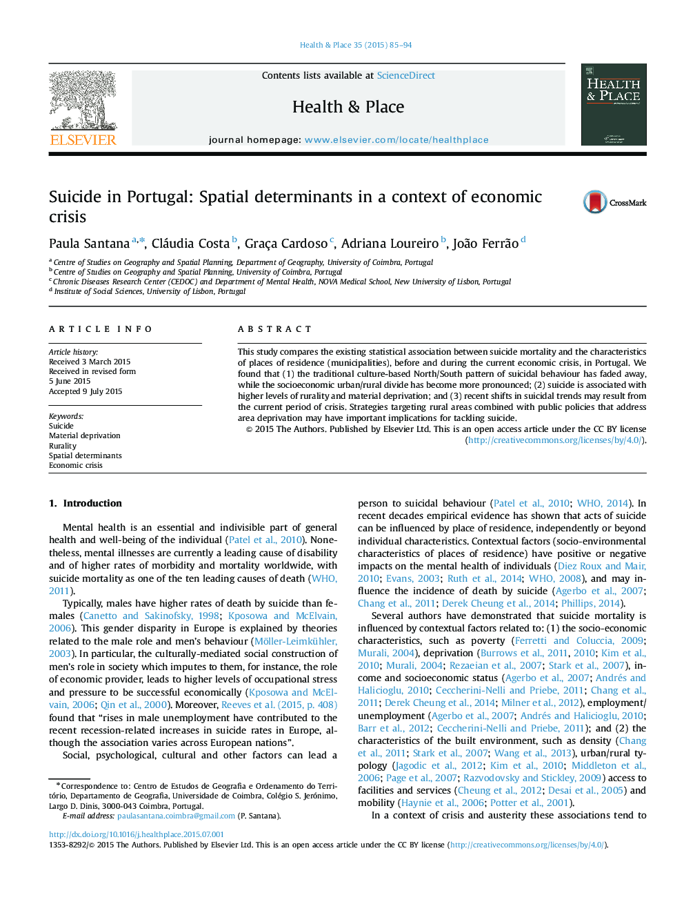 Suicide in Portugal: Spatial determinants in a context of economic crisis