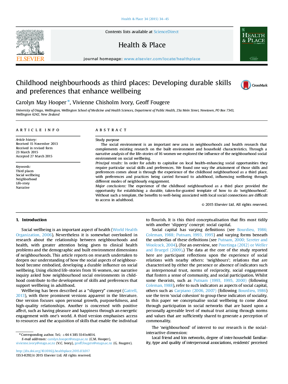 Childhood neighbourhoods as third places: Developing durable skills and preferences that enhance wellbeing in adulthood