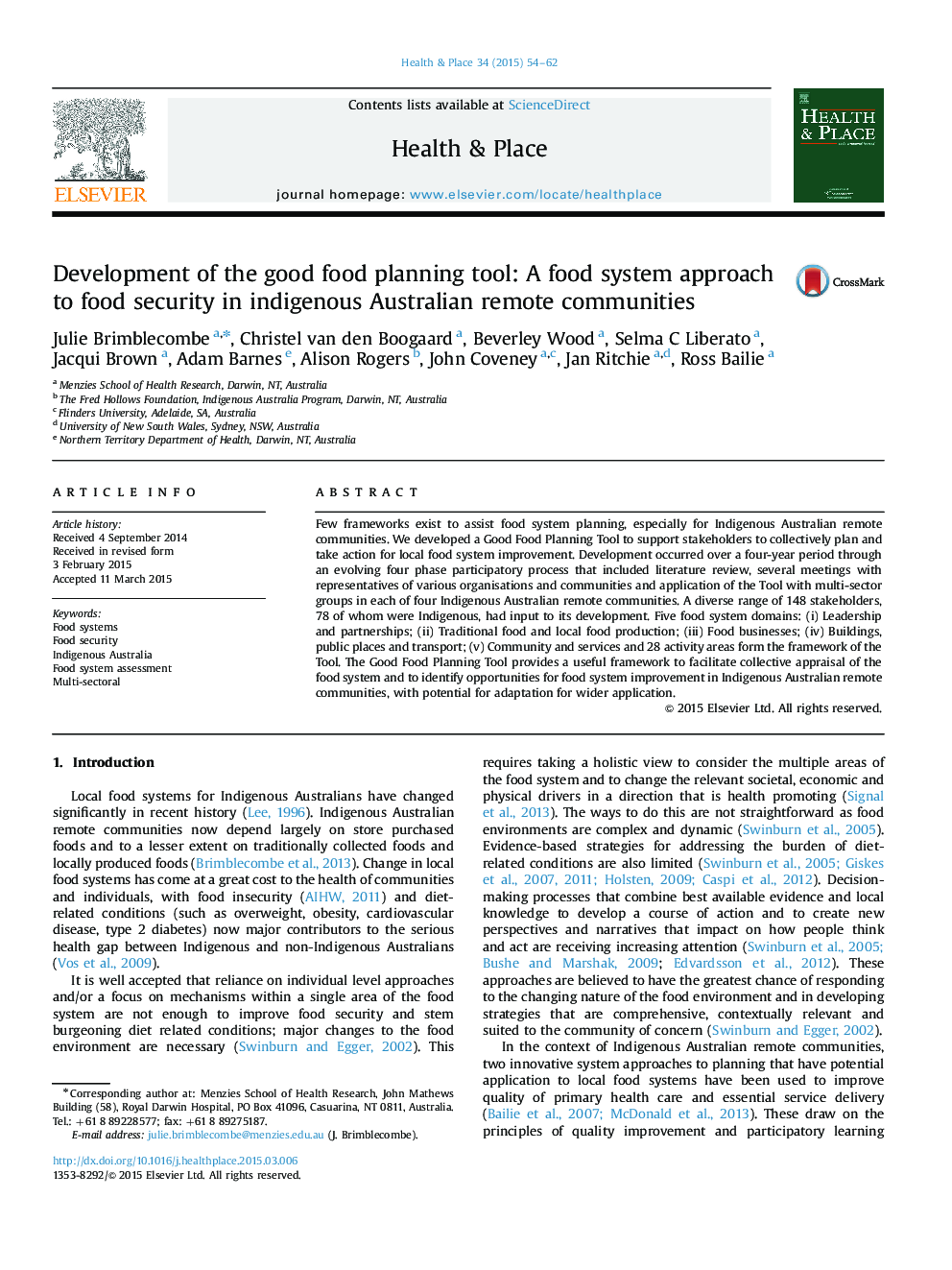Development of the good food planning tool: A food system approach to food security in indigenous Australian remote communities