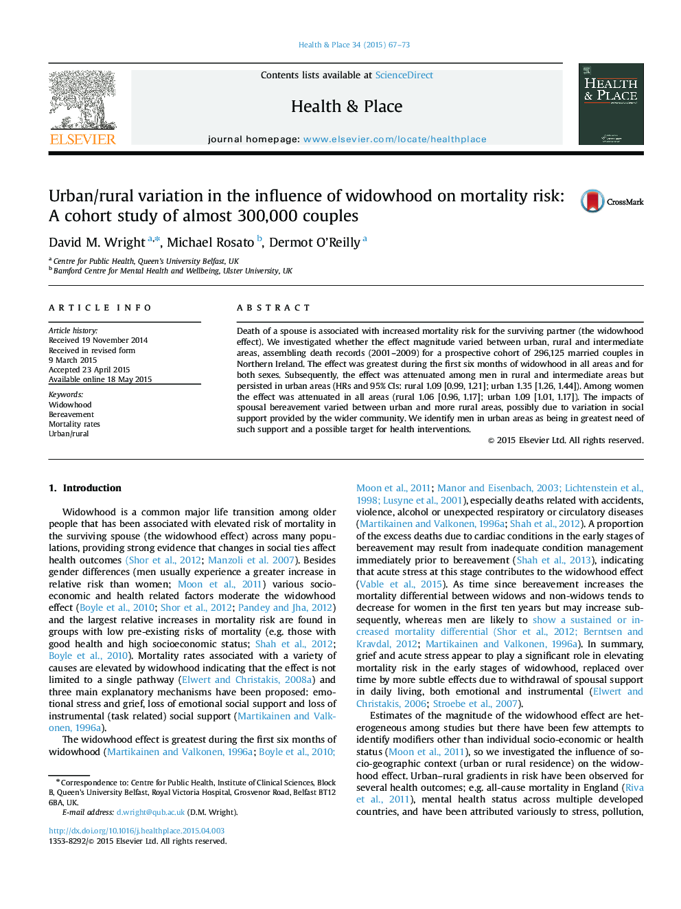 Urban/rural variation in the influence of widowhood on mortality risk: A cohort study of almost 300,000 couples