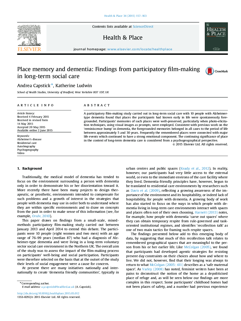 Place memory and dementia: Findings from participatory film-making in long-term social care