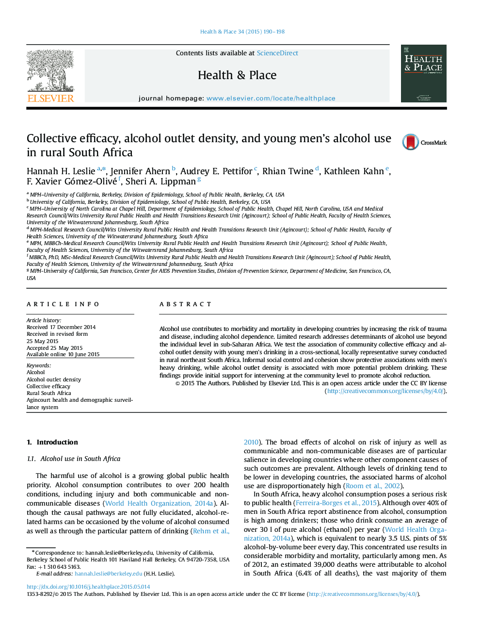 Collective efficacy, alcohol outlet density, and young men's alcohol use in rural South Africa