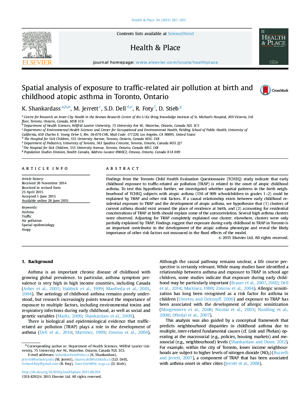 Spatial analysis of exposure to traffic-related air pollution at birth and childhood atopic asthma in Toronto, Ontario