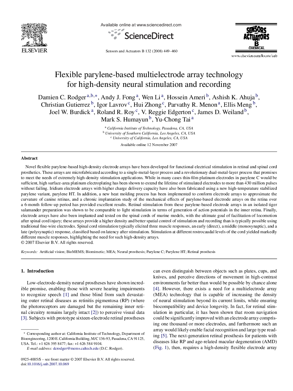 Flexible parylene-based multielectrode array technology for high-density neural stimulation and recording