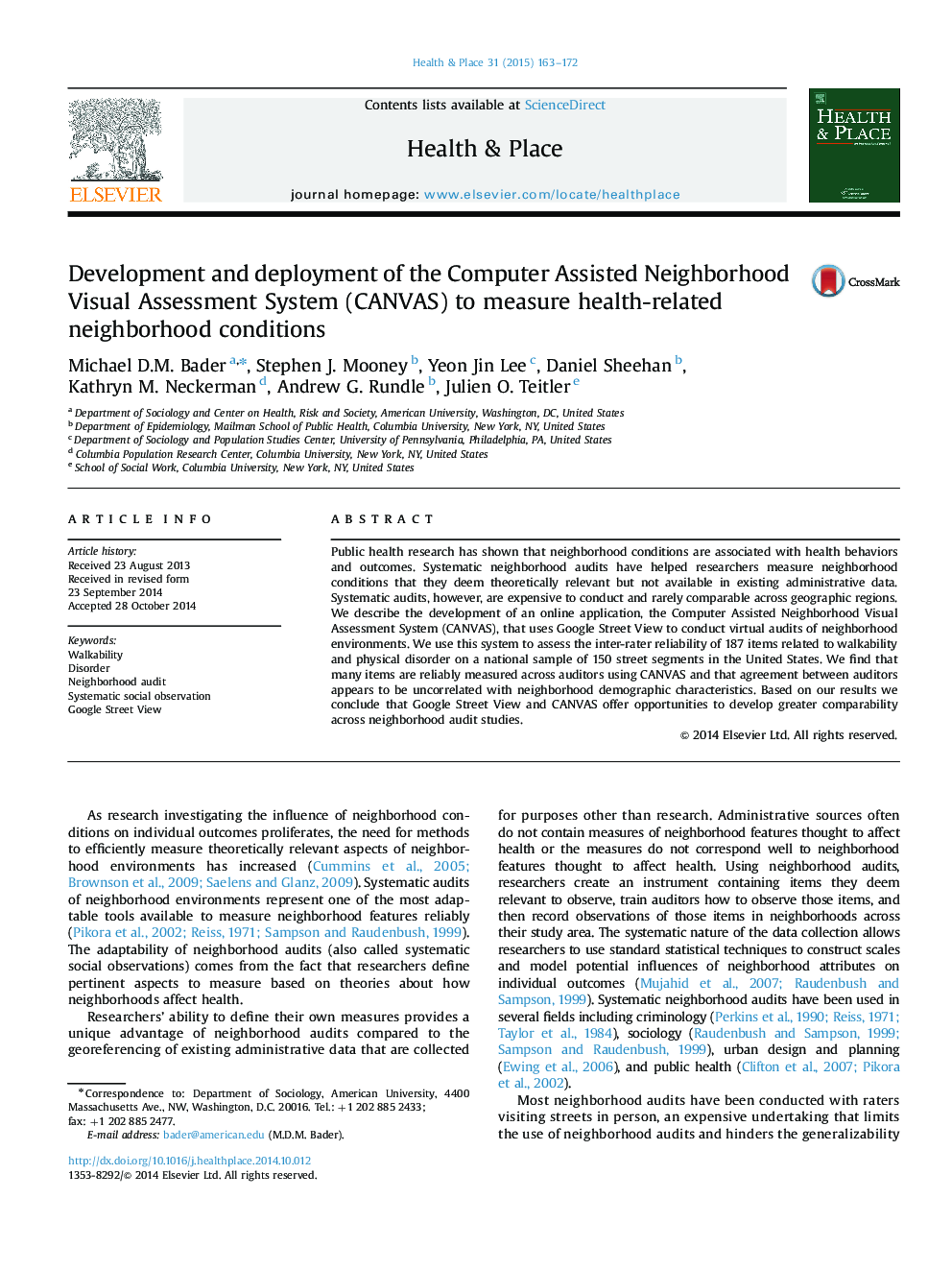 Development and deployment of the Computer Assisted Neighborhood Visual Assessment System (CANVAS) to measure health-related neighborhood conditions