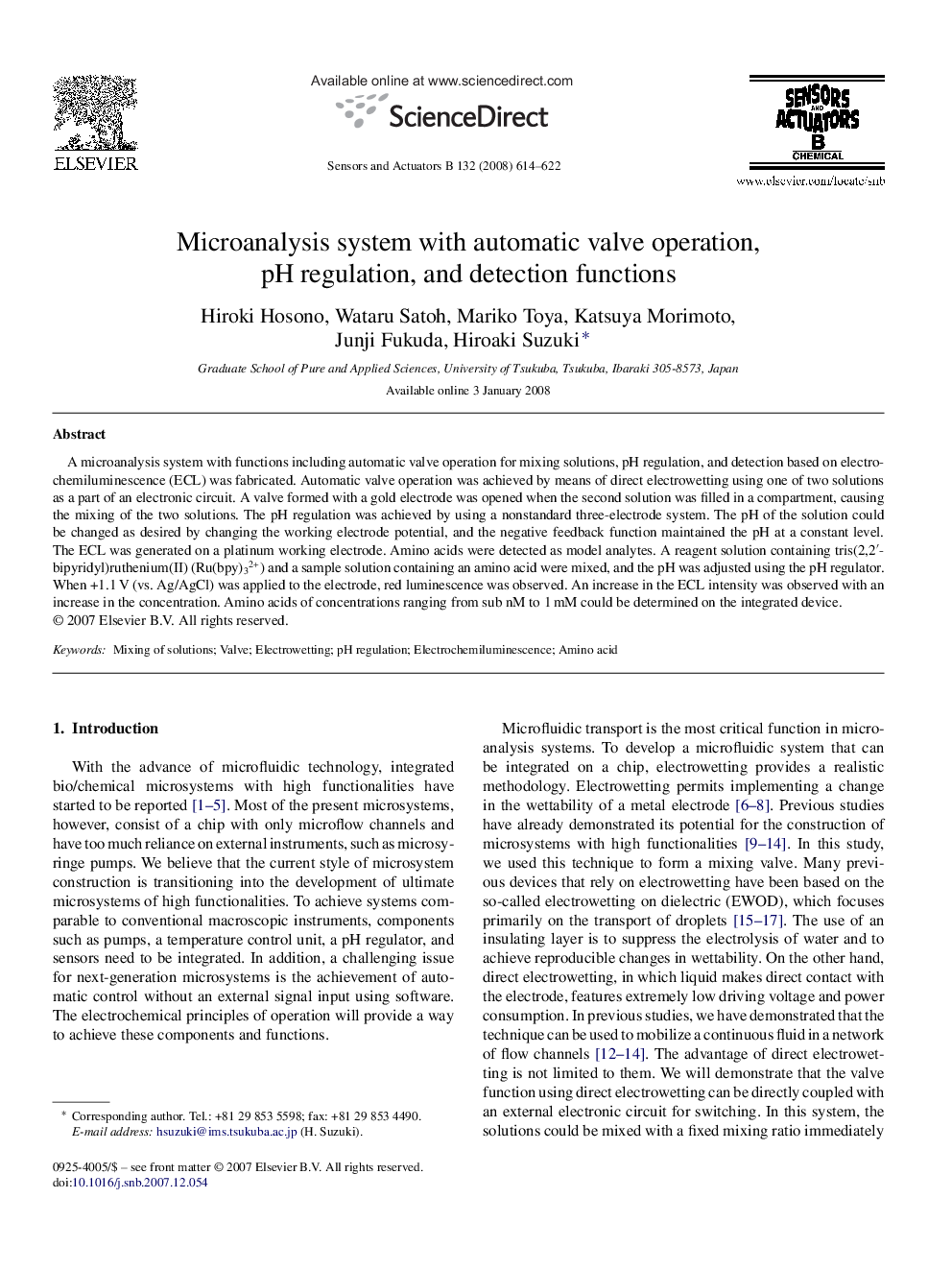 Microanalysis system with automatic valve operation, pH regulation, and detection functions