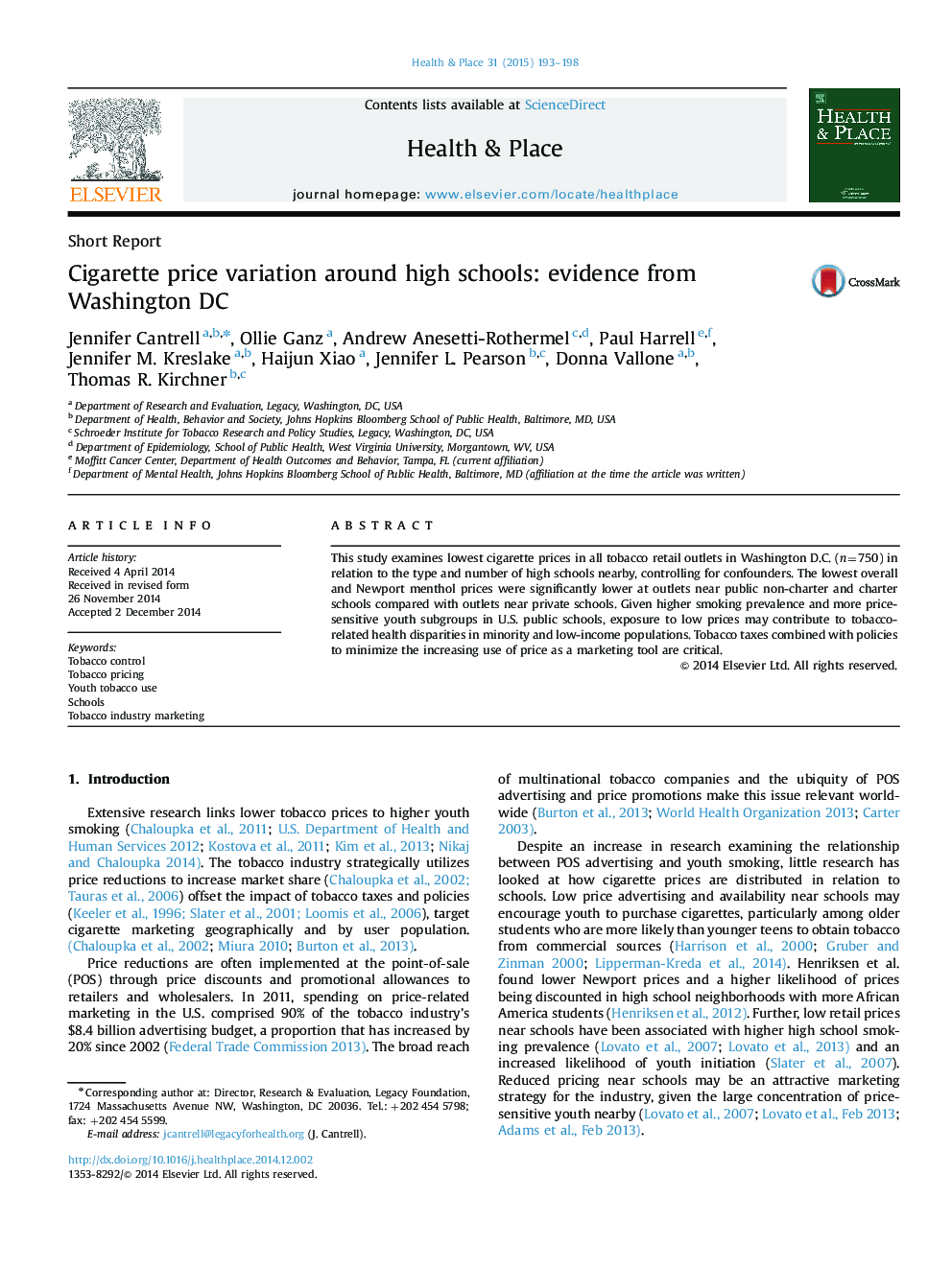 Cigarette price variation around high schools: evidence from Washington DC