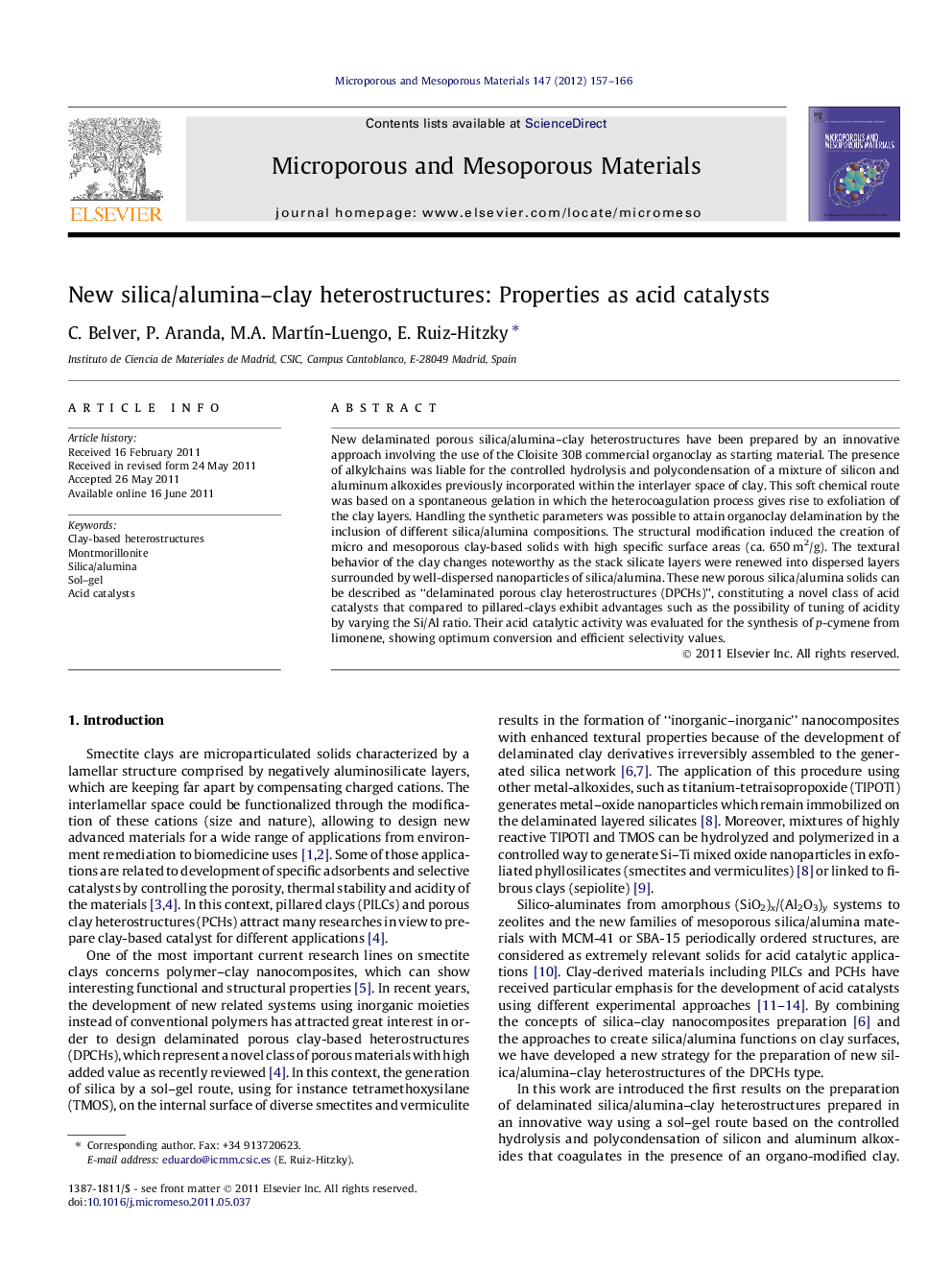 New silica/alumina–clay heterostructures: Properties as acid catalysts