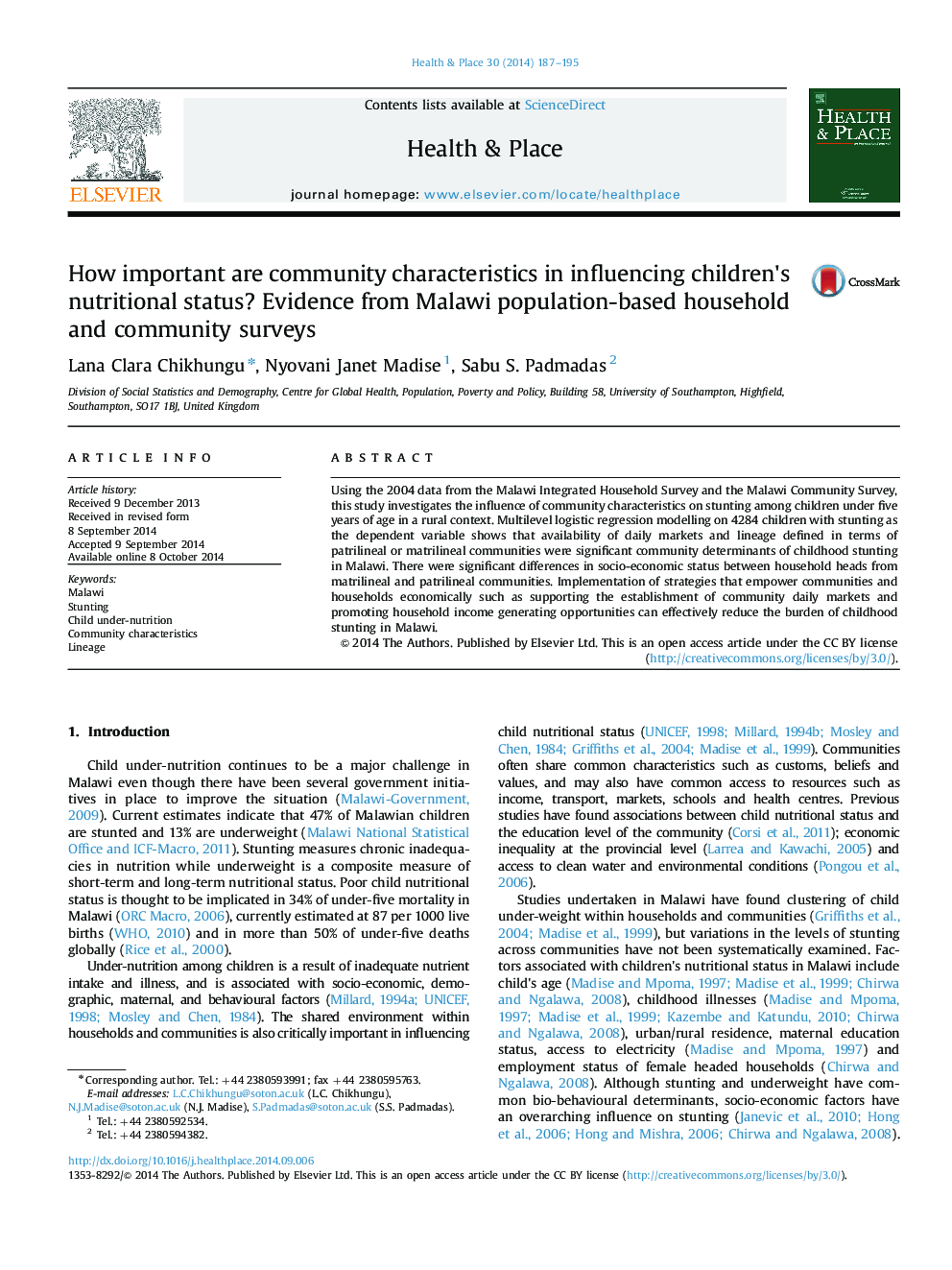 How important are community characteristics in influencing children×³s nutritional status? Evidence from Malawi population-based household and community surveys