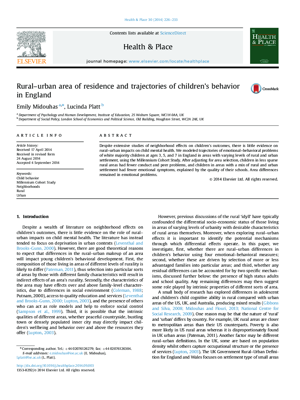 Rural-urban area of residence and trajectories of children×³s behavior in England