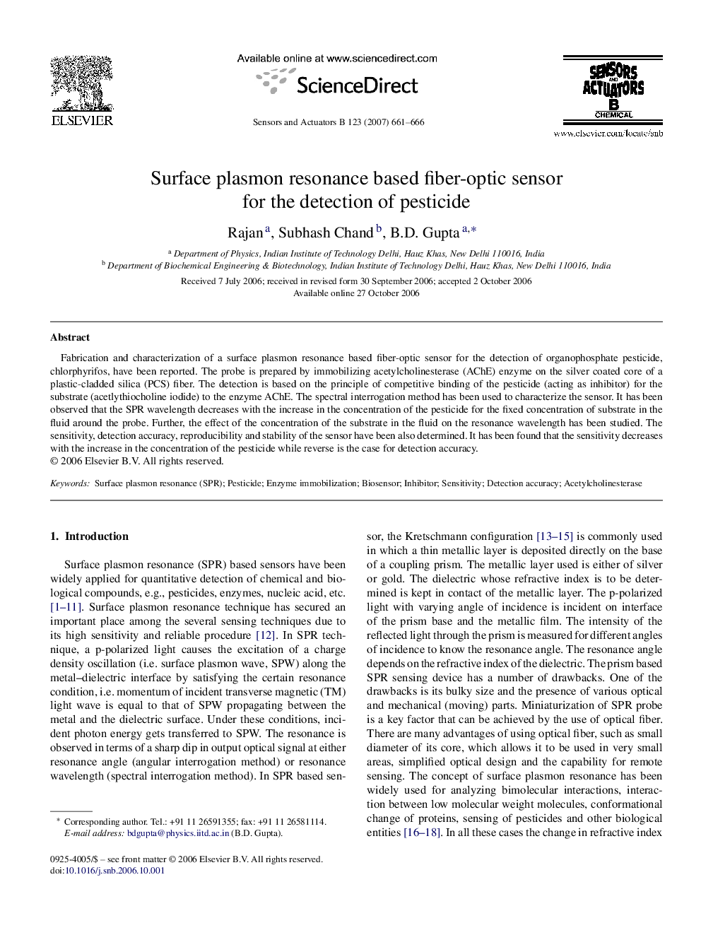 Surface plasmon resonance based fiber-optic sensor for the detection of pesticide