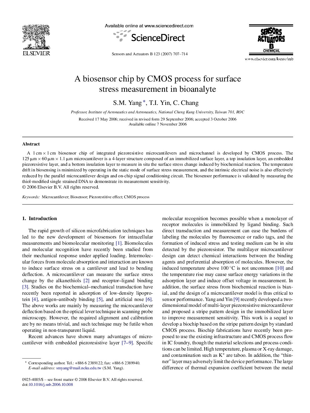 A biosensor chip by CMOS process for surface stress measurement in bioanalyte