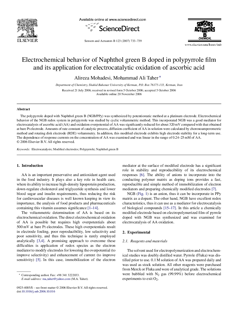 Electrochemical behavior of Naphthol green B doped in polypyrrole film and its application for electrocatalytic oxidation of ascorbic acid