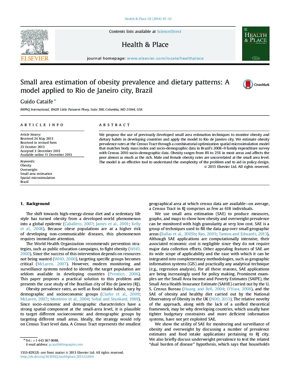 Small area estimation of obesity prevalence and dietary patterns: A model applied to Rio de Janeiro city, Brazil