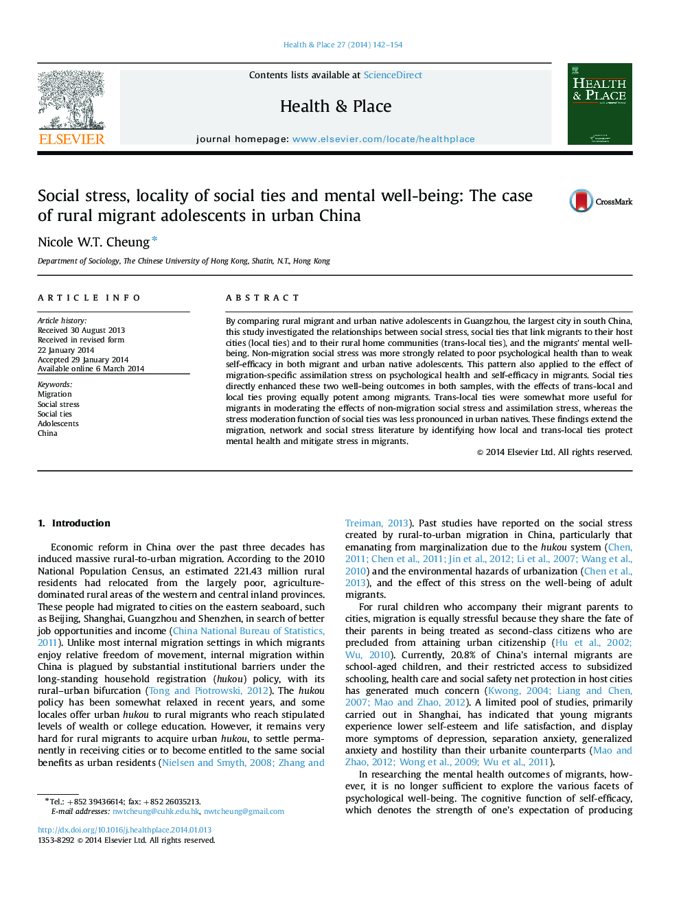 Social stress, locality of social ties and mental well-being: The case of rural migrant adolescents in urban China