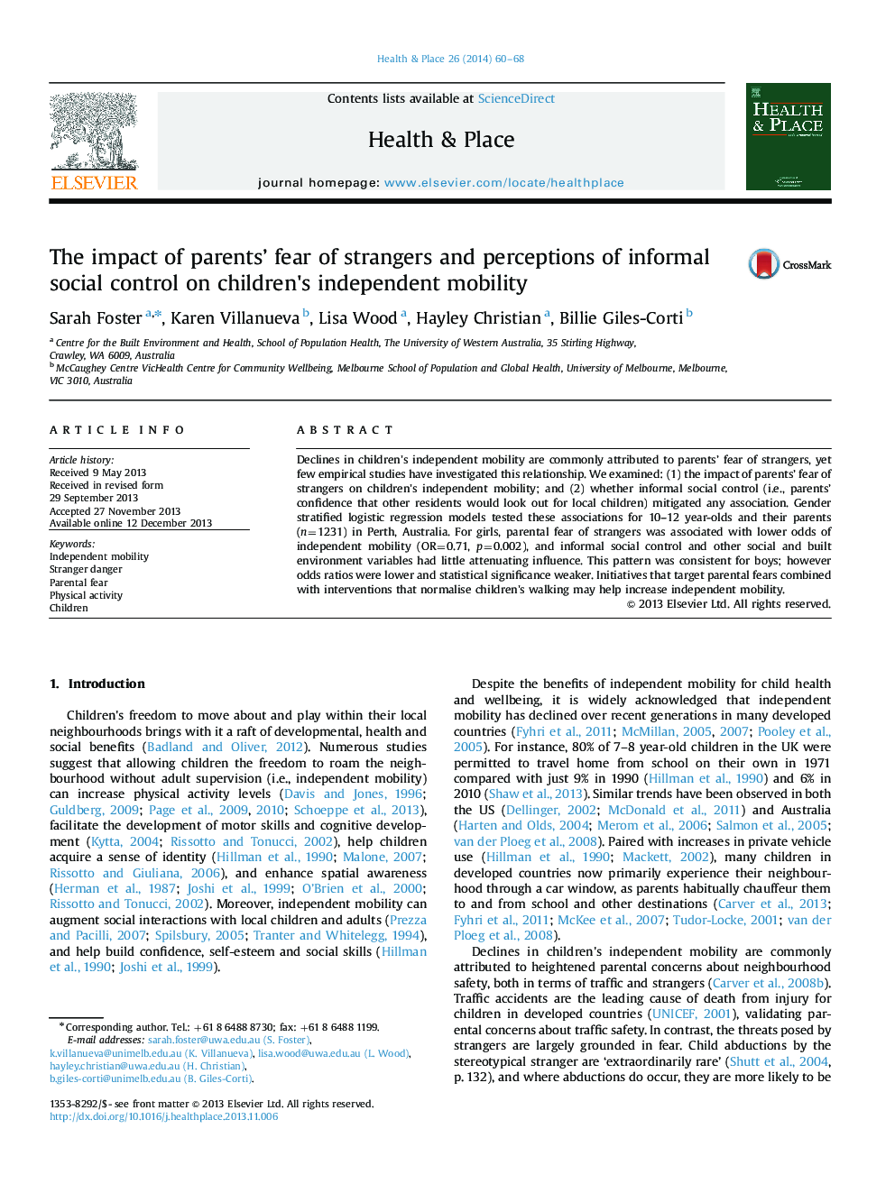 The impact of parents' fear of strangers and perceptions of informal social control on children's independent mobility