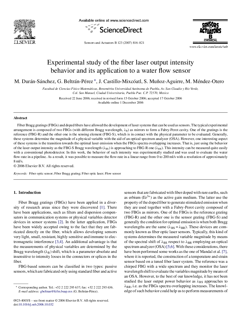 عکس صفحه اول مقاله: Experimental study of the fiber laser output intensity behavior and its application to a water flow sensor Experimental study of the fiber laser output intensity behavior and its application to a water flow sensor