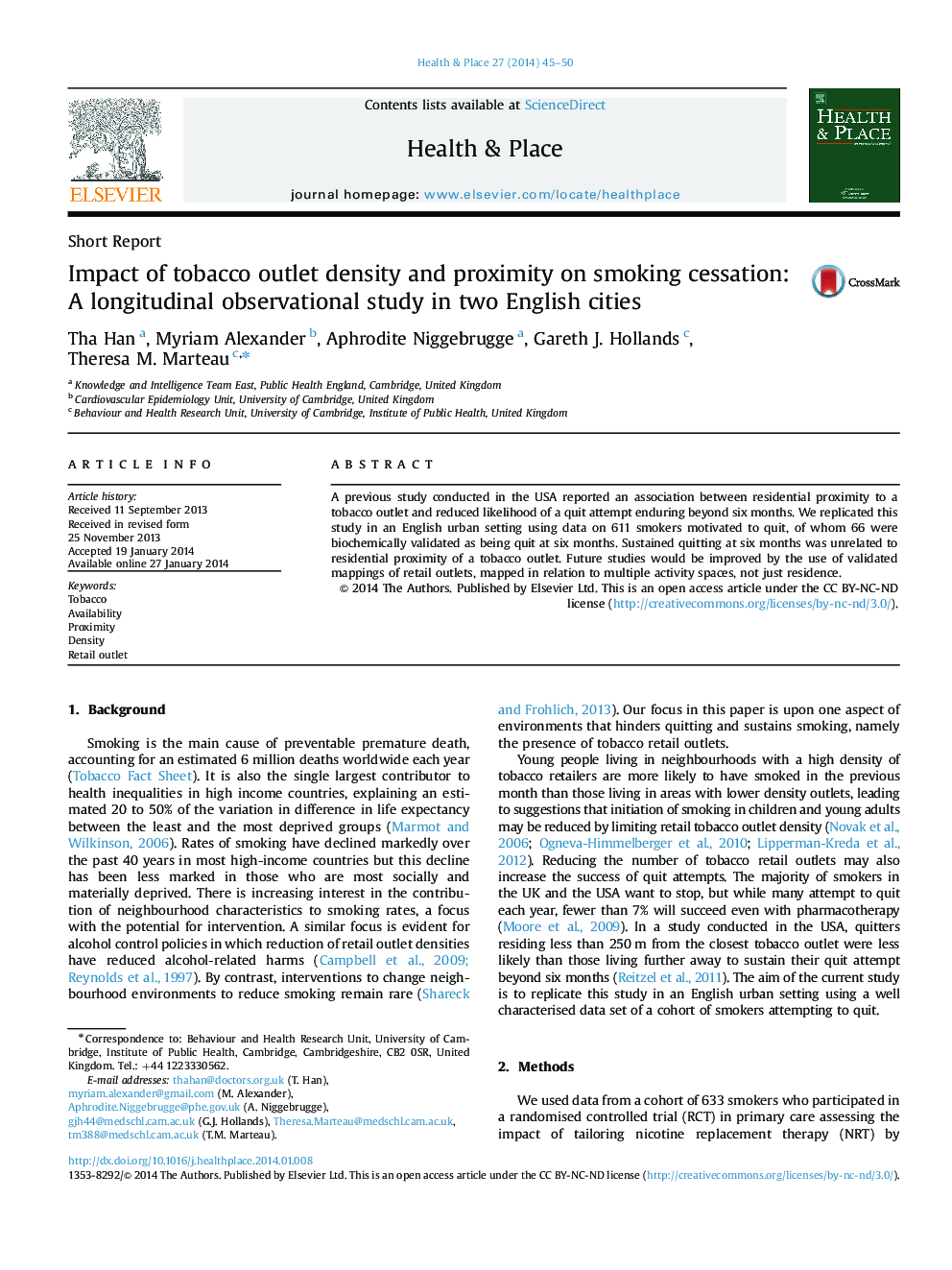 Impact of tobacco outlet density and proximity on smoking cessation: A longitudinal observational study in two English cities