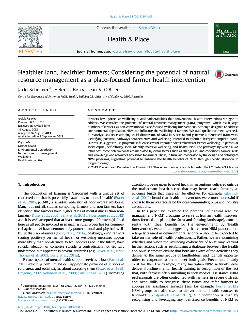 Healthier land, healthier farmers: Considering the potential of natural resource management as a place-focused farmer health intervention