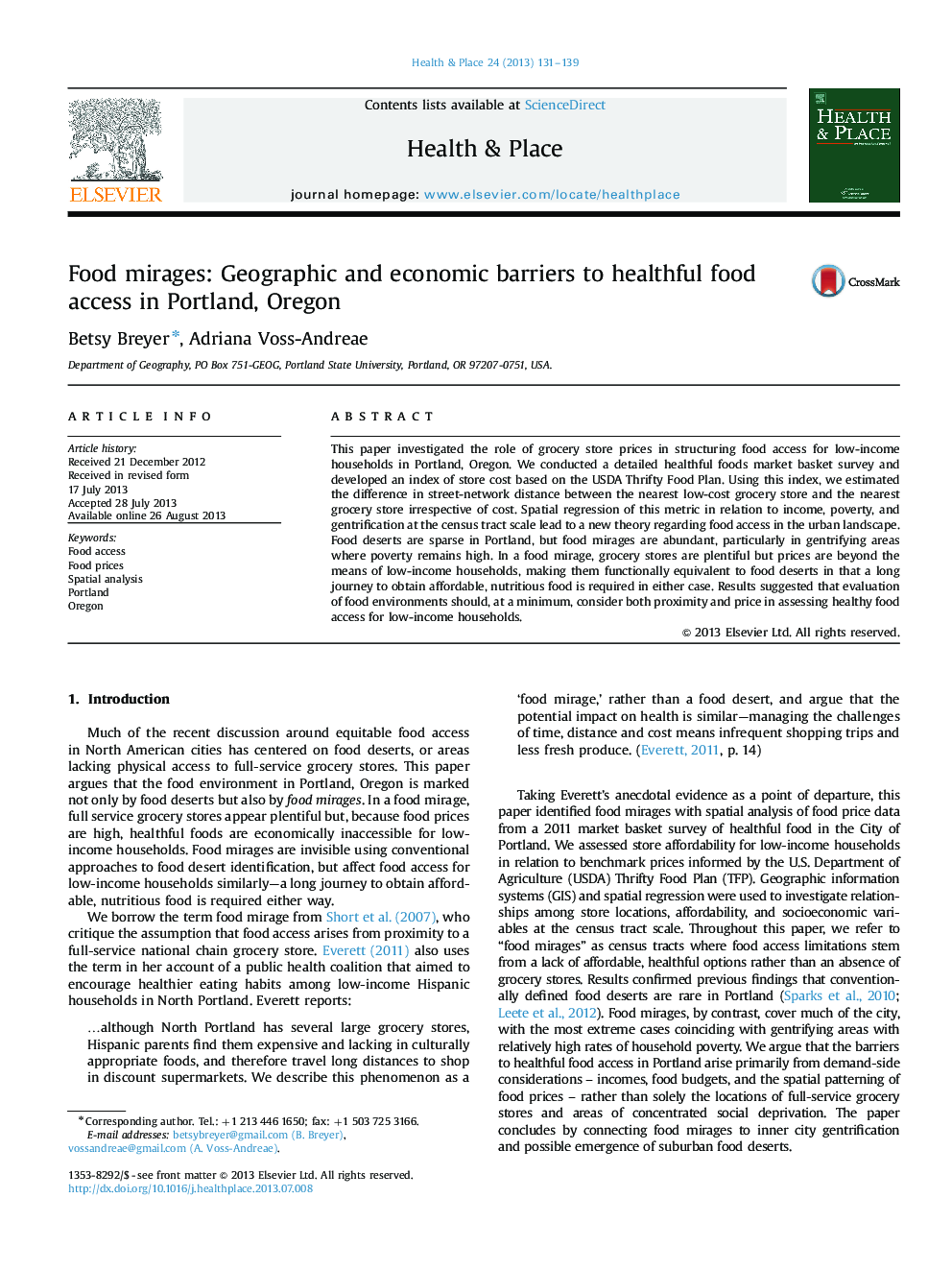 Food mirages: Geographic and economic barriers to healthful food access in Portland, Oregon