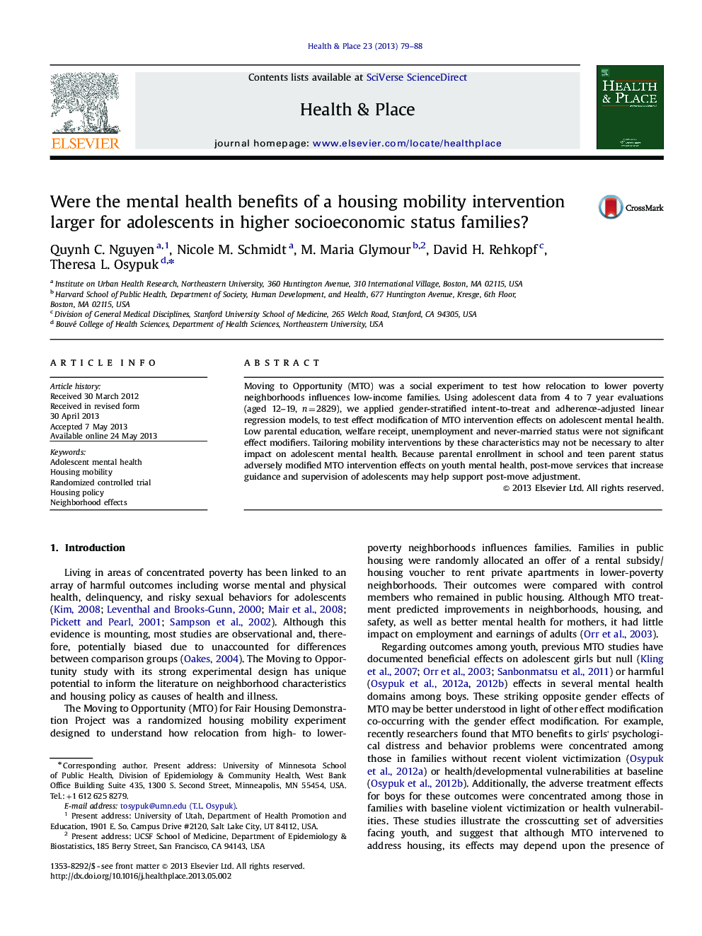 Were the mental health benefits of a housing mobility intervention larger for adolescents in higher socioeconomic status families?