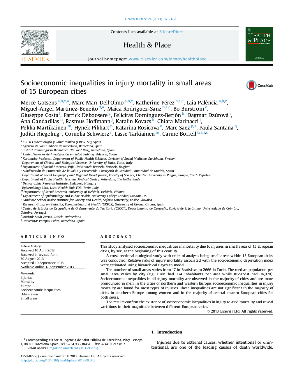 Socioeconomic inequalities in injury mortality in small areas of 15 European cities