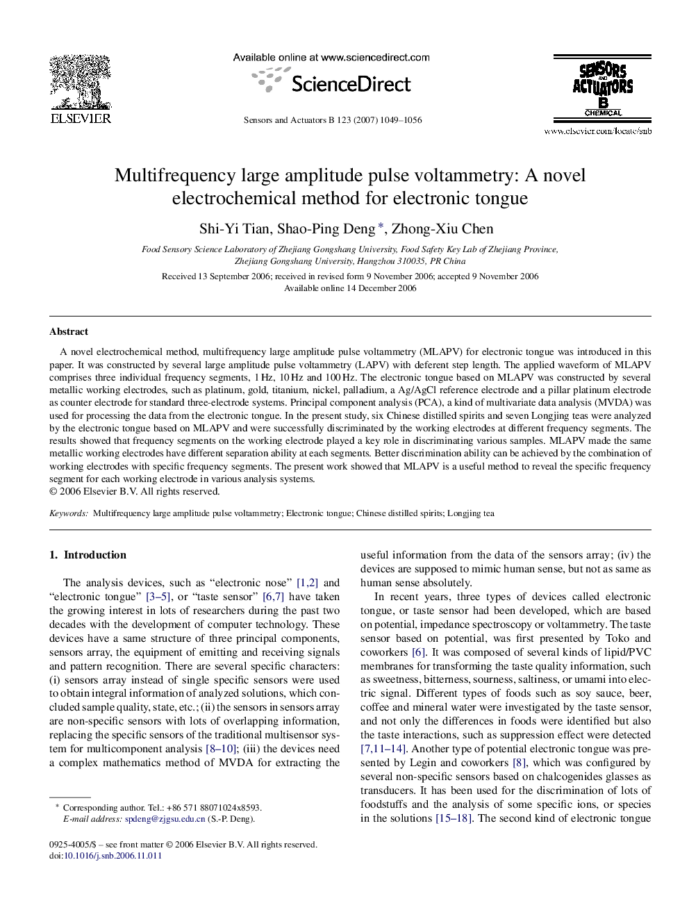 عکس صفحه اول مقاله: Multifrequency large amplitude pulse voltammetry: A novel electrochemical method for electronic tongue Multifrequency large amplitude pulse voltammetry: A novel electrochemical method for electronic tongue