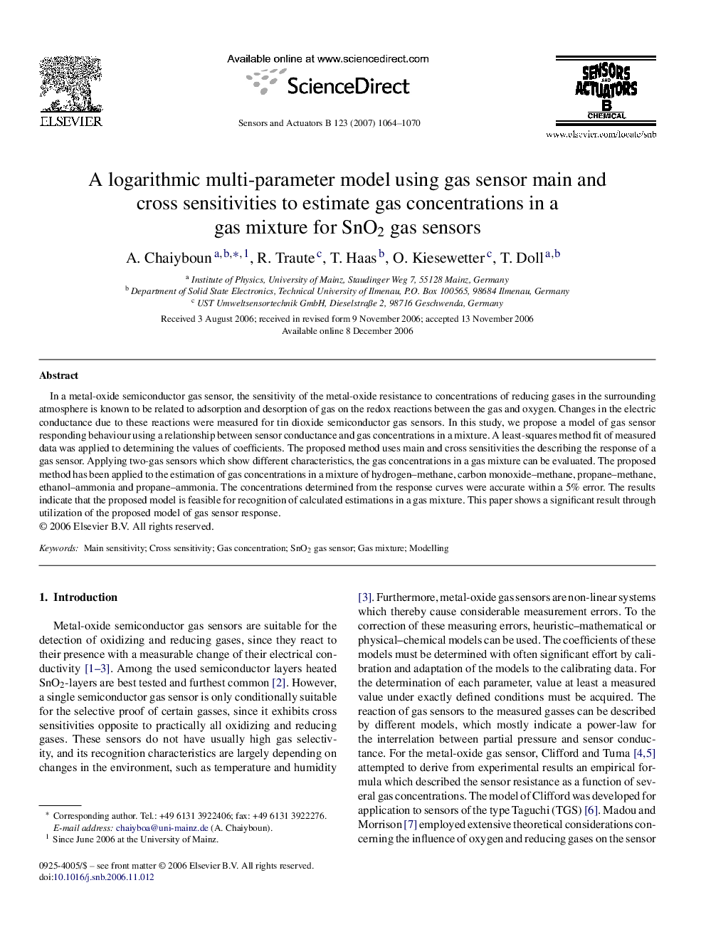 A logarithmic multi-parameter model using gas sensor main and cross sensitivities to estimate gas concentrations in a gas mixture for SnO2 gas sensors