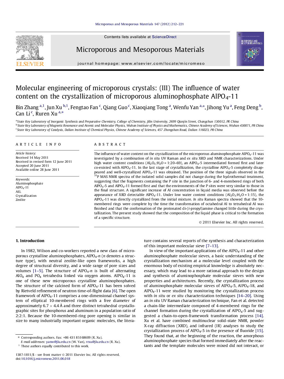 Molecular engineering of microporous crystals: (III) The influence of water content on the crystallization of microporous aluminophosphate AlPO4-11