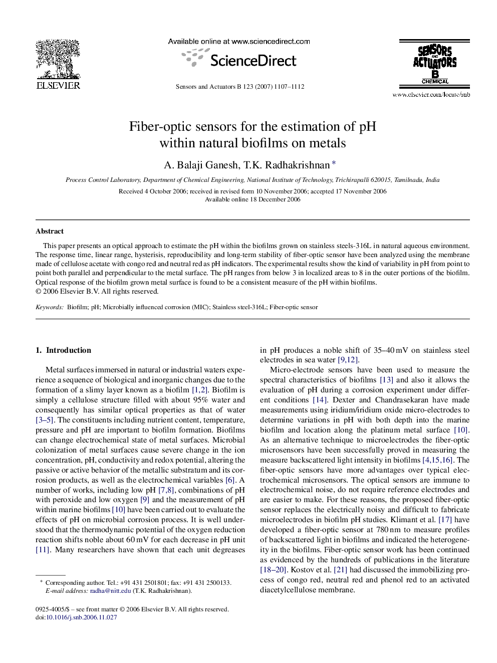عکس صفحه اول مقاله: Fiber-optic sensors for the estimation of pH within natural biofilms on metals Fiber-optic sensors for the estimation of pH within natural biofilms on metals