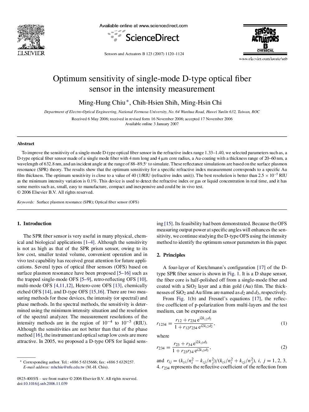 Optimum sensitivity of single-mode D-type optical fiber sensor in the intensity measurement