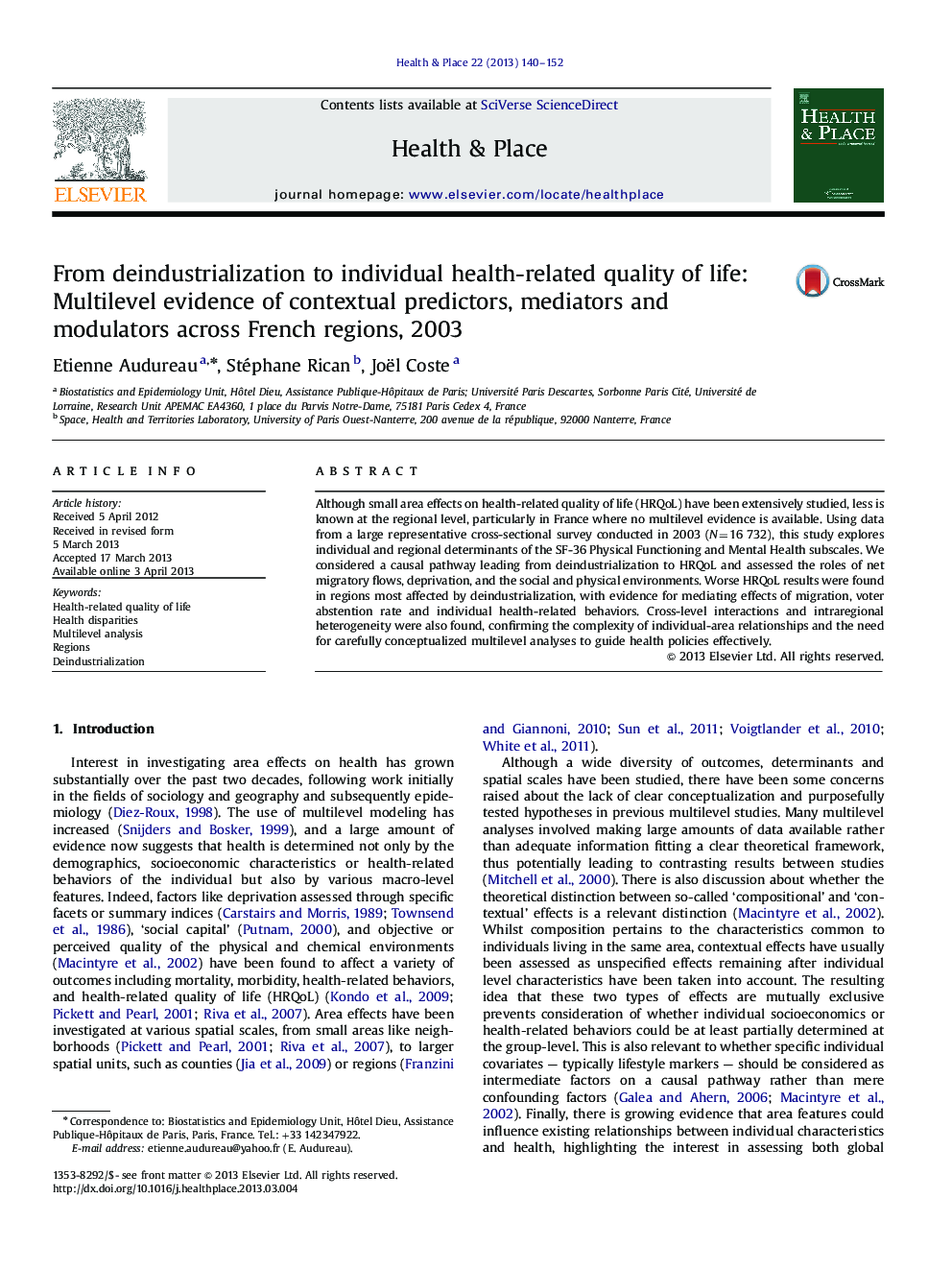 From deindustrialization to individual health-related quality of life: Multilevel evidence of contextual predictors, mediators and modulators across French regions, 2003
