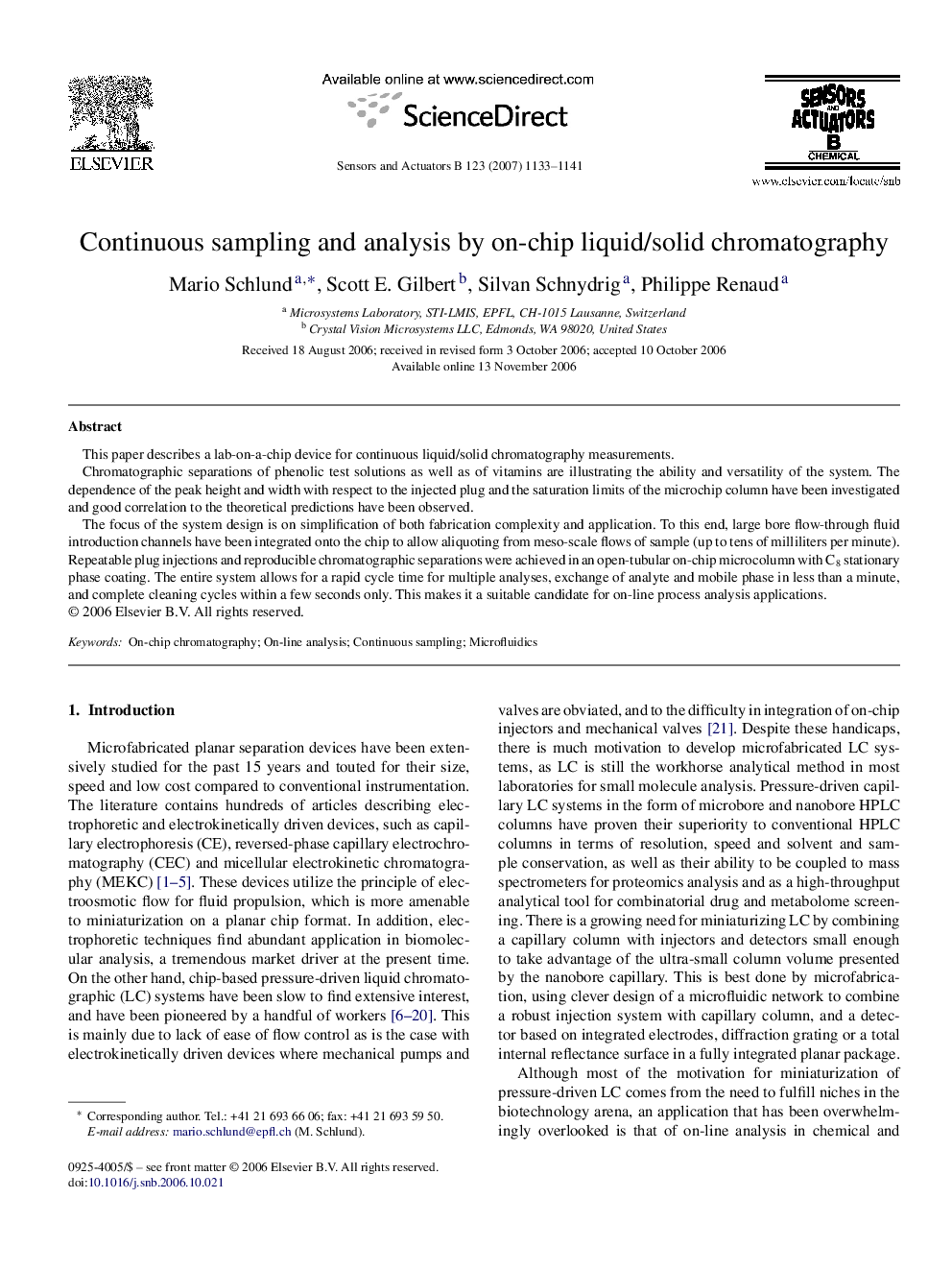 Continuous sampling and analysis by on-chip liquid/solid chromatography