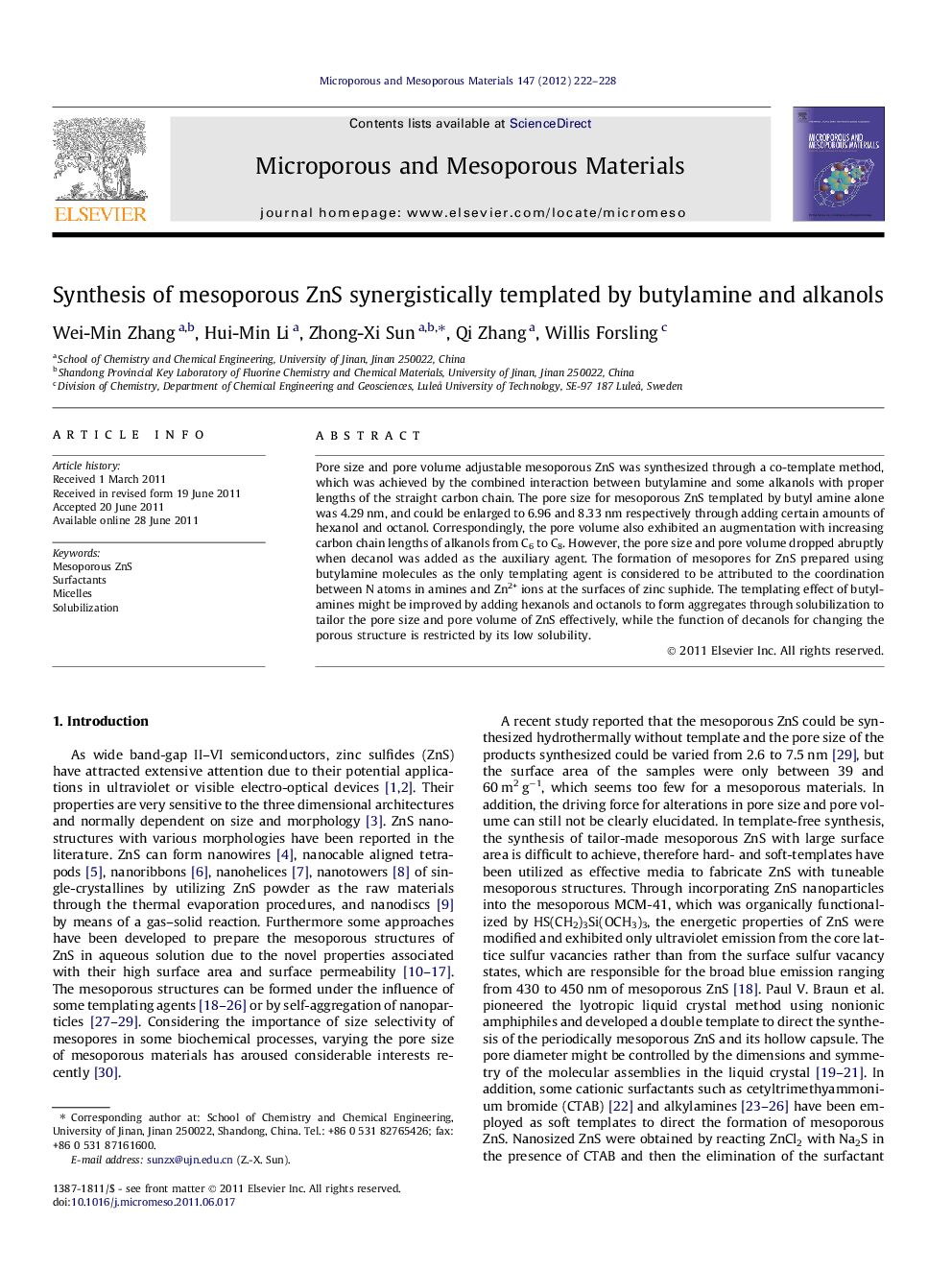 Synthesis of mesoporous ZnS synergistically templated by butylamine and alkanols