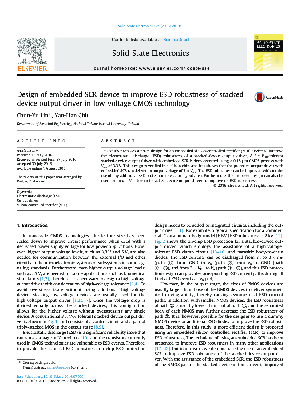 Design of embedded SCR device to improve ESD robustness of stacked-device output driver in low-voltage CMOS technology