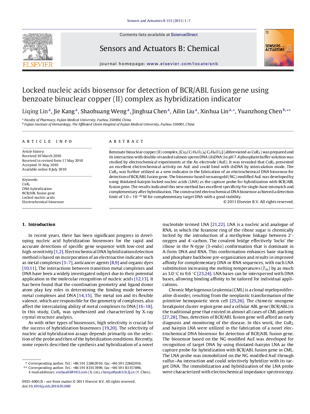 Locked nucleic acids biosensor for detection of BCR/ABL fusion gene using benzoate binuclear copper (II) complex as hybridization indicator