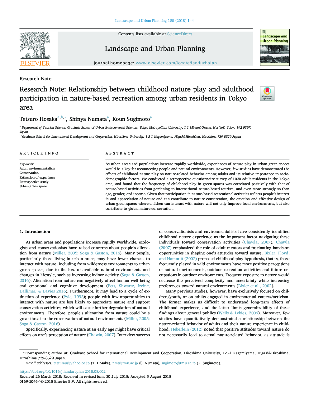 Research Note: Relationship between childhood nature play and adulthood participation in nature-based recreation among urban residents in Tokyo area