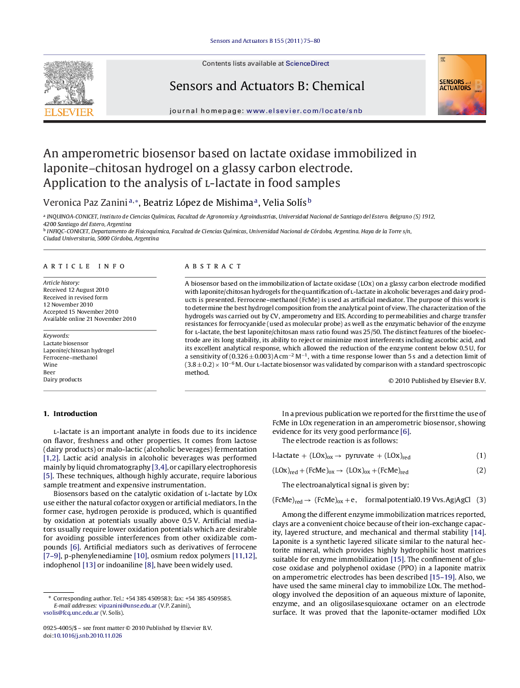 An amperometric biosensor based on lactate oxidase immobilized in laponite–chitosan hydrogel on a glassy carbon electrode. Application to the analysis of l-lactate in food samples