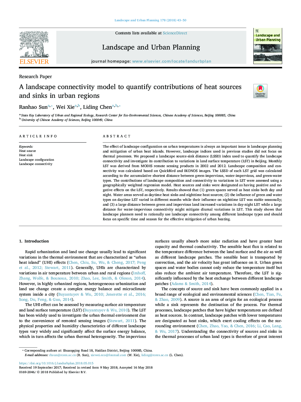 A landscape connectivity model to quantify contributions of heat sources and sinks in urban regions