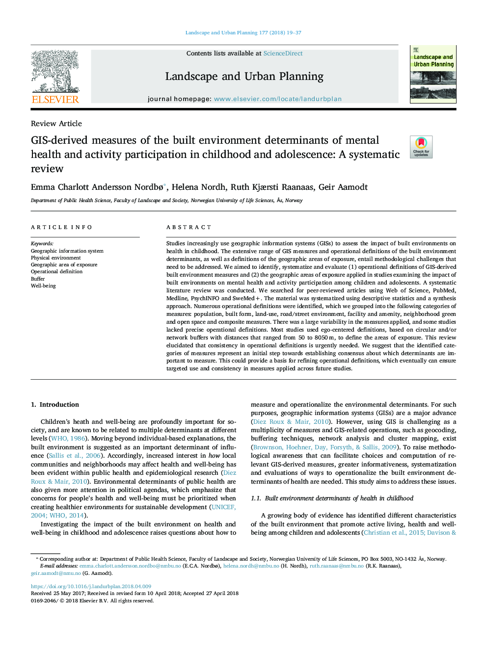 GIS-derived measures of the built environment determinants of mental health and activity participation in childhood and adolescence: A systematic review