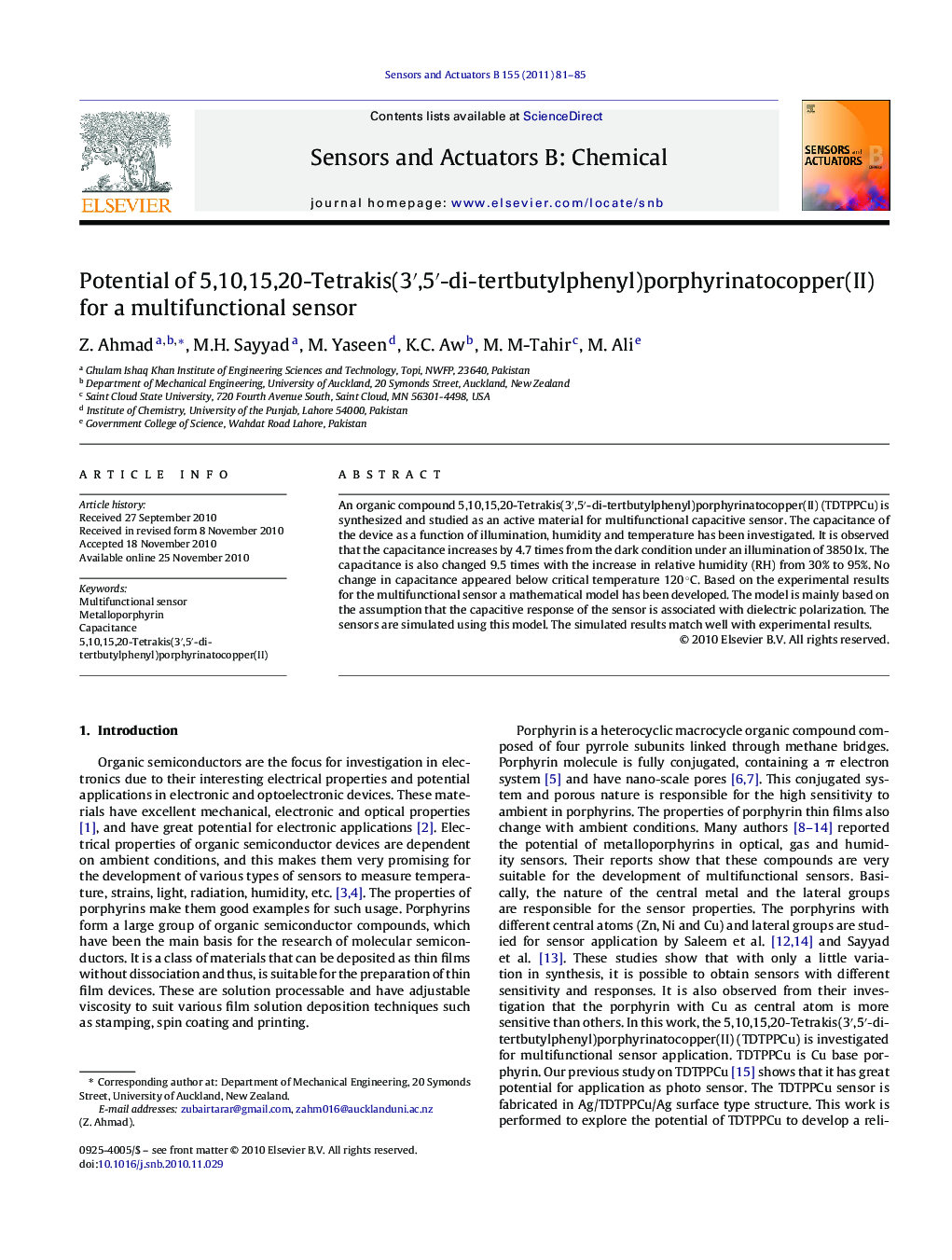 Potential of 5,10,15,20-Tetrakis(3′,5′-di-tertbutylphenyl)porphyrinatocopper(II) for a multifunctional sensor