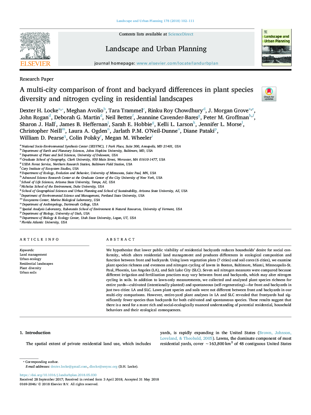 A multi-city comparison of front and backyard differences in plant species diversity and nitrogen cycling in residential landscapes