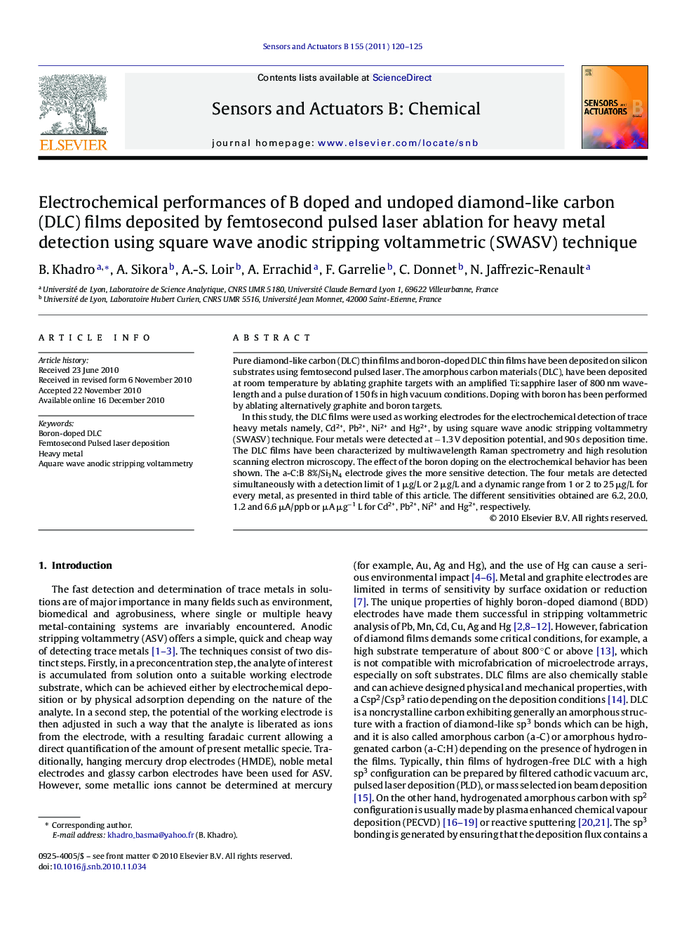 Electrochemical performances of B doped and undoped diamond-like carbon (DLC) films deposited by femtosecond pulsed laser ablation for heavy metal detection using square wave anodic stripping voltammetric (SWASV) technique