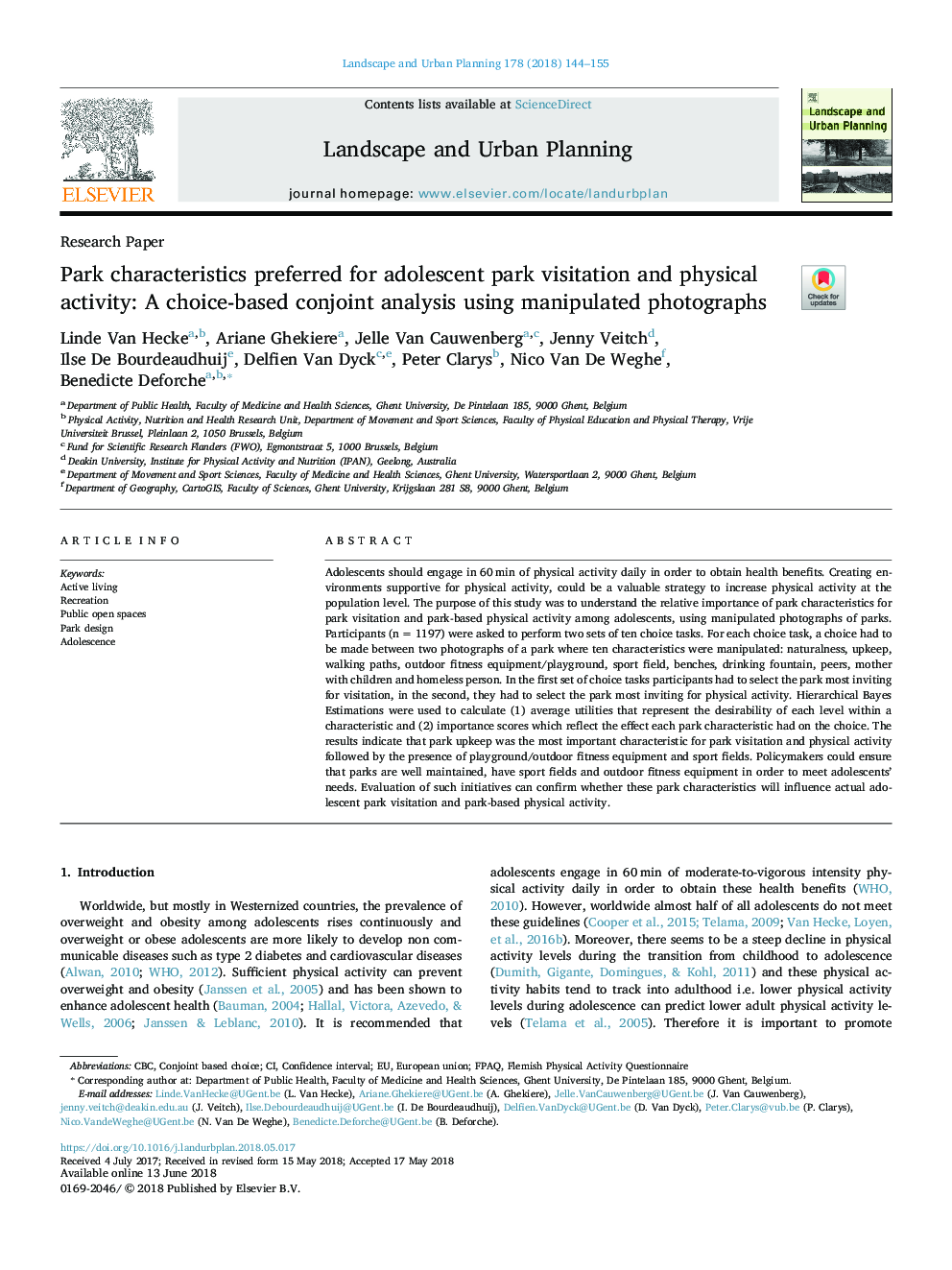 Park characteristics preferred for adolescent park visitation and physical activity: A choice-based conjoint analysis using manipulated photographs