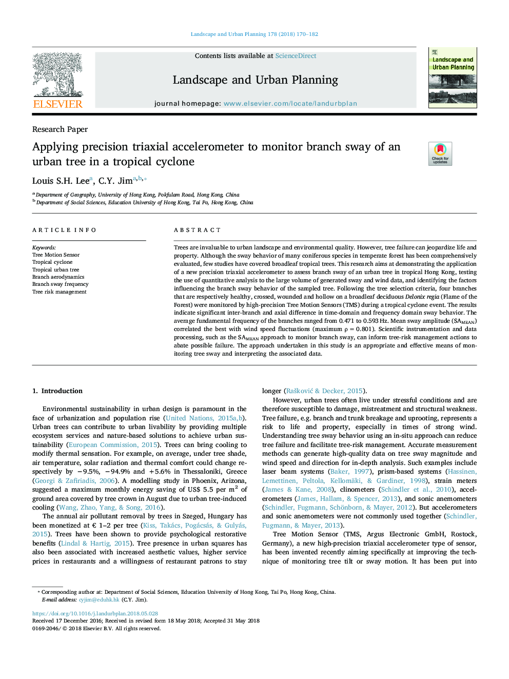 Applying precision triaxial accelerometer to monitor branch sway of an urban tree in a tropical cyclone