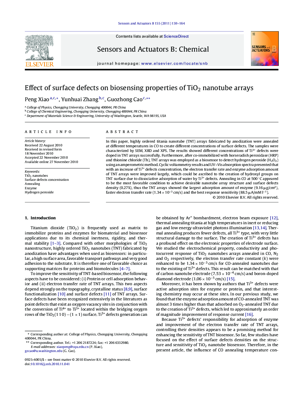 عکس صفحه اول مقاله: Effect of surface defects on biosensing properties of TiO2 nanotube arrays Effect of surface defects on biosensing properties of TiO2 nanotube arrays