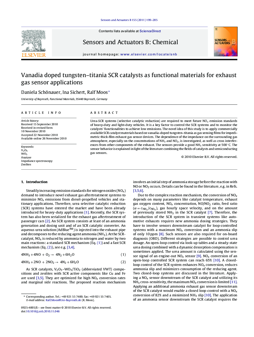 Vanadia doped tungsten–titania SCR catalysts as functional materials for exhaust gas sensor applications