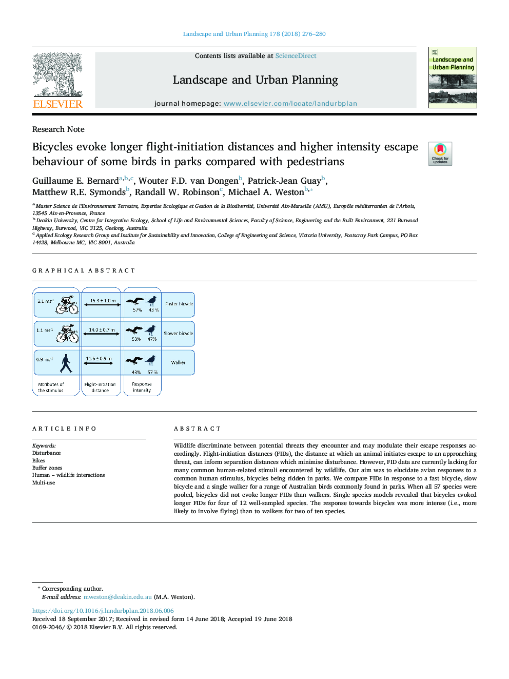 Bicycles evoke longer flight-initiation distances and higher intensity escape behaviour of some birds in parks compared with pedestrians