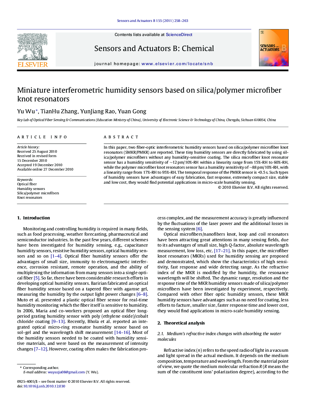 Miniature interferometric humidity sensors based on silica/polymer microfiber knot resonators