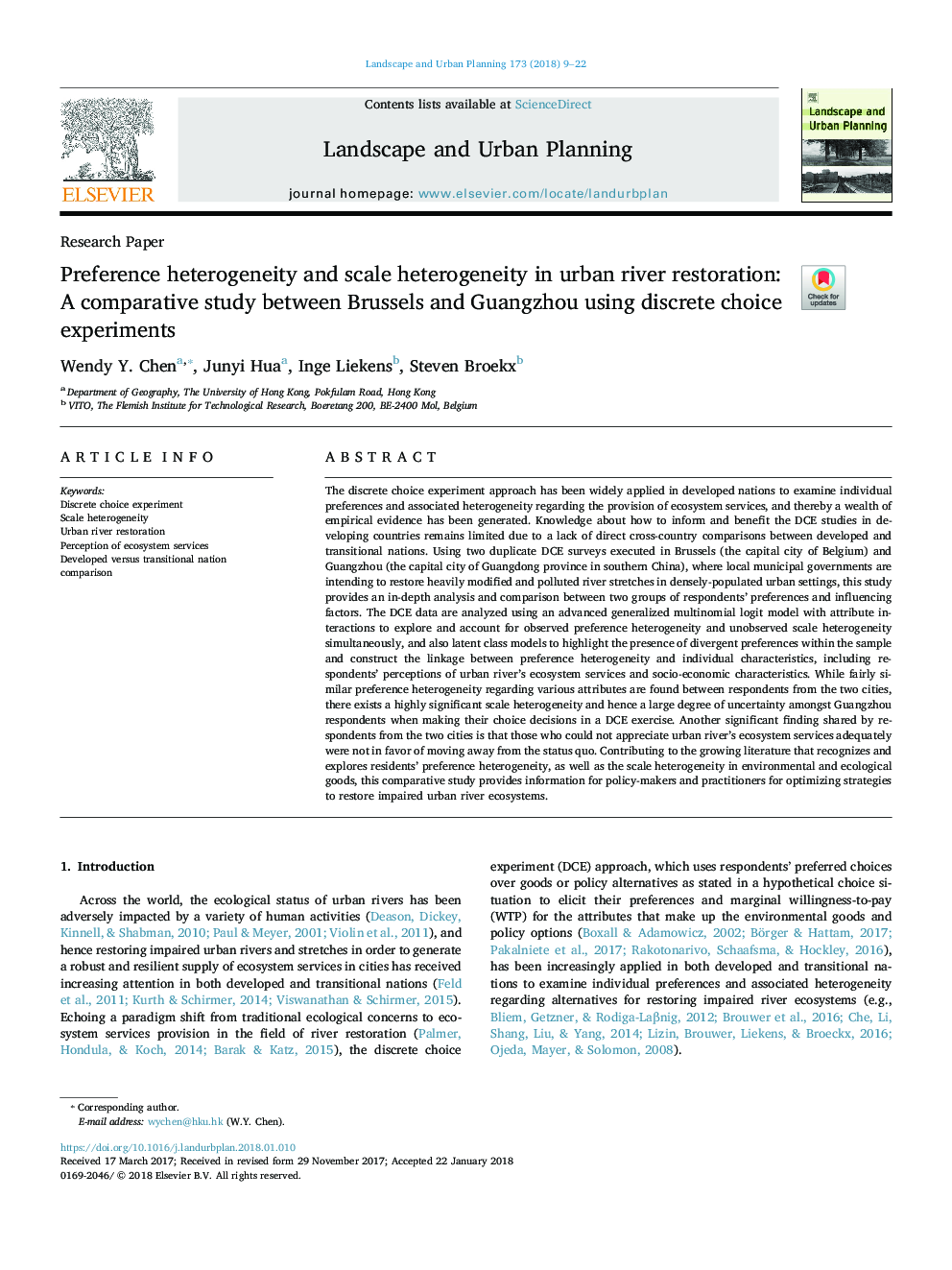 Preference heterogeneity and scale heterogeneity in urban river restoration: A comparative study between Brussels and Guangzhou using discrete choice experiments